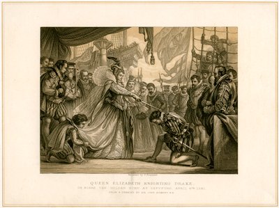 「1581 年 4 月 4 日、ゴールデン ハインドに乗った女王エリザベス ナイト ドレイク」、19 世紀 作： F Fraenkel