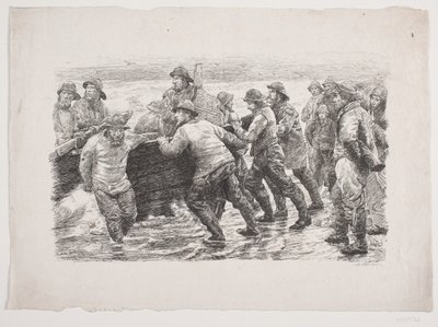 ボートを水に入れる過程の漁師 作： F. Hendriksen