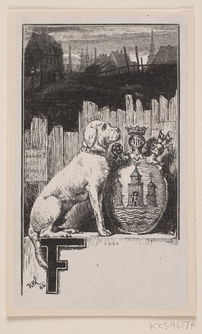 イニシャル ビネット。犬とコペンハーゲンの紋章のある「F」 作： F. Hendriksen