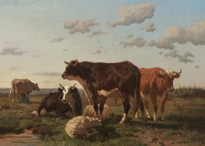 風景の中の牛と羊、1850 作： F. Jurnet