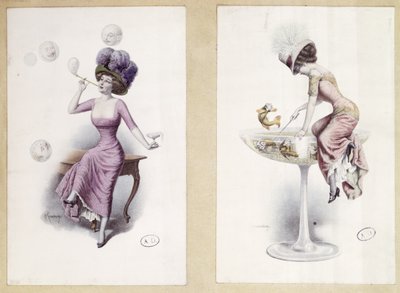 シャンパングラスで泡を吹いて釣りをしている女性を描いたポストカード、1900年頃（カラーリソ） 作： F. Kuderna