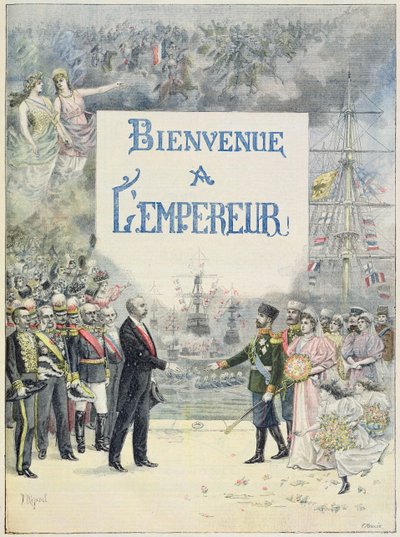 1896年10月4日、ルプチジャーナルのイラスト入りサプリメントのイラストから描かれた、ロシア皇帝と皇后両陛下へようこそ（カラーリソ） 作： F. L. and L. Royer Meaulle