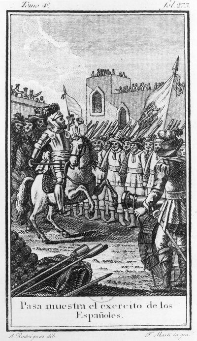 ヘルナンドコルテス（1485-1547）アントニオロドリケスによって刻まれた彼の軍隊のレビュー 作： F. Marti