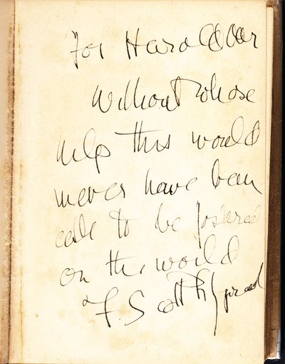 『Tender is the Night』の初版のフロントフライリーフに書かれた作者の碑文 作： F. Scott Fitzgerald