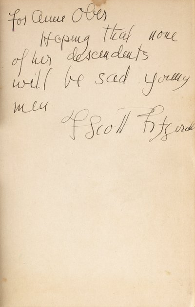 All the Sad Young Men」の初版の表紙に著者のサインがある。 作： F. Scott Fitzgerald