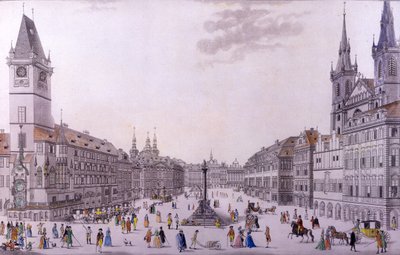プラハ旧市街広場（色付きのエッチングと銅版画） 作： F. and Heger, P. Heger