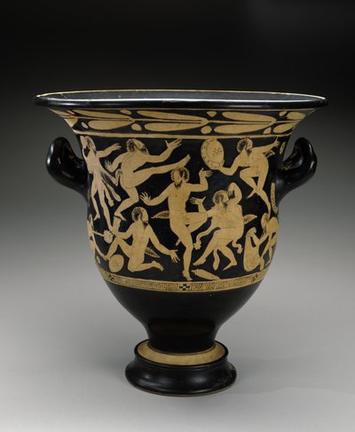 踊るサテュロスを従えた白像のベル・クラター 紀元前400～351年 （テラコッタ） 作： Faliscan