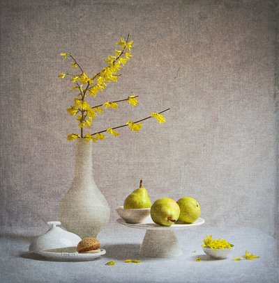 黄色い花と緑の梨 作： Fangping Zhou