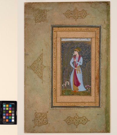水仙の小枝を持ったハンサムな若者、c.1610（不透明な水彩画と紙に金） 作： Farrukh Beg