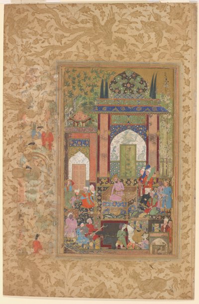 廷臣を迎えるバブール 1580-85年頃 水彩・金・紙 作： Farrukh Beg