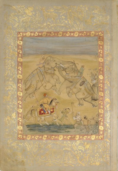 象の戦いを見ているジャハンギール。 1605年。 作： Farrukh Chela