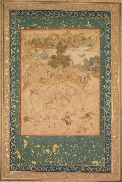 1564 年にマルワで野生のゾウの捕獲を監督するアクバル、絵画 90…、c. 1602-3。 作： Farukh Chela