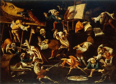 架空の動物と小人の戦い、飲酒、死体 作： Faustino Bocchi or Boccasi