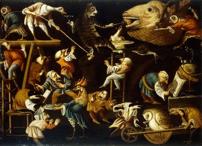 架空の動物と小人の戦い、飲酒、死体 作： Faustino Bocchi or Boccasi