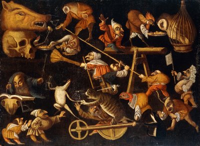 架空の動物と小人の戦い、飲酒、死体 作： Faustino Bocchi or Boccasi
