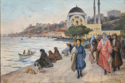ボスポラス海峡のほとりのマファルダ、背景のドルマバフチェモスク（キャンバスに油彩） 作： Fausto Zonaro