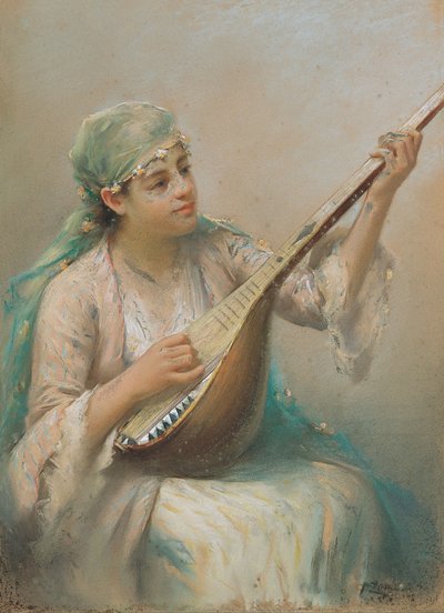 リュートを演奏する女性 作： Fausto Zonaro