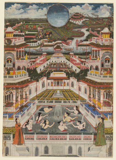建築パノラマの前で水浴する女性たち、1765年頃（不透明水彩、金、紙） 作： Fayzullah Fayzullah