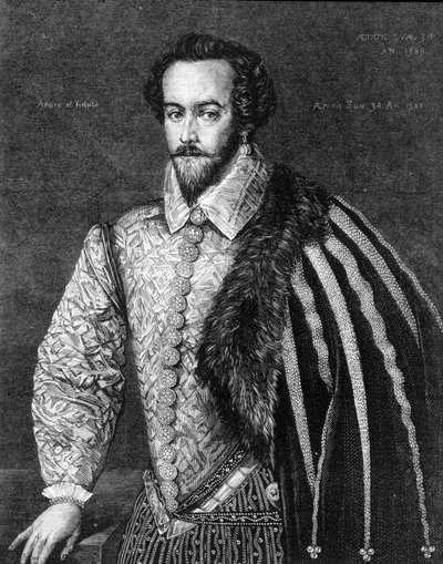 ウォルター・ローリー卿（1554 - 1618）の肖像。1588年にフェデリコ・ズッカロ（またはズッカリ）（1549 - 1609）が描いたとされる絵の後に描かれた版画。 作： Federico (after) Zuccari or Zuccaro