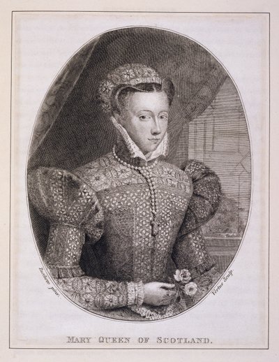 スコットランドのメアリー女王 (1542-87)、George Vertue (1684-1756) によって彫刻 (彫刻) 作： Federico (after) Zuccaro
