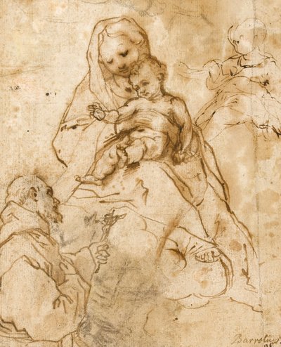聖フランシスの聖母子（紙にペンとインクの付いた赤いチョーク） 作： Federico Barocci