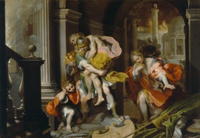 トロイから逃げるアエネアスとアンキセス、1587年頃（ペン＆インク、白く高まった油） 作： Federico Fiori Barocci or Baroccio