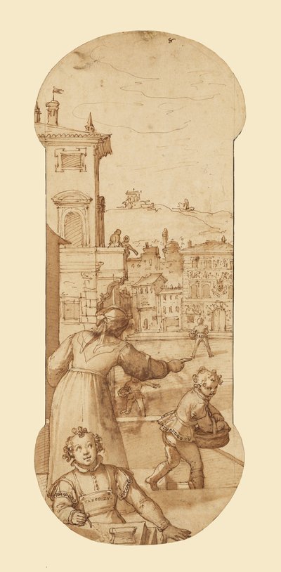 カラブレーゼの妻に使いに出されたタデオ 作： Federico Zuccaro