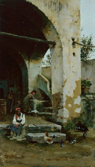 農場のシーン（パネルに油彩） 作： Federico del Campo