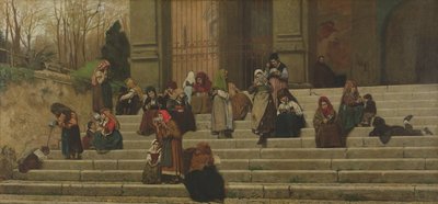 1872年にローマのアラコエリ修道院の階段を進んだ貧しい人々 作： Federigo Zandomeneghi