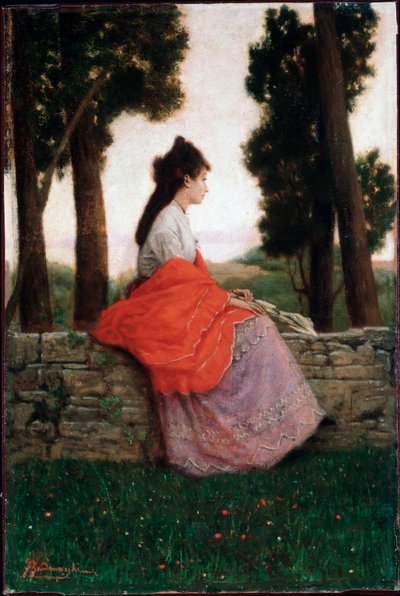小さな壁に座って何かを待っている若い女性 - フェデリコ・ザンドメネギー（1841-1917）の絵画 個人蔵 作： Federigo Zandomeneghi