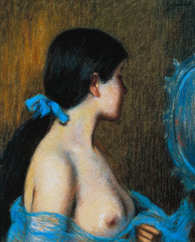 鏡を見る若い女性」フェデリコ・ザンドメネギ（1841-1917）作、紙にパステル、キャンバスにマウント、46x38cm 作： Federigo Zandomeneghi
