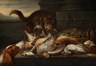 猫と狩猟の静物 作： Felice Boselli