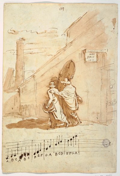 レクト：アルベルゴ・デッラ・パーチェの前の3人の音楽家、1810年 作： Felice Giani
