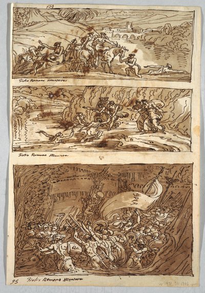 スケッチブックのページ、フォリオ 95: ジュリオ・ロマーノによる 3 枚の絵画。 裏面：ライオンとイーグル 作： Felice Giani