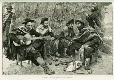 パヤドール、歩く歌い手の詩による決闘。エミール・ダローが1886年に発表した「Voyage a la Plata」の挿絵としてミルバッハが描いたもので、エドゥアール・シャルトン（1807-1890）が監督した「le tour du monde 1888」に収録されています（Hachette, Paris）。 作： Felicien baron de Myrbach Rheinfeld