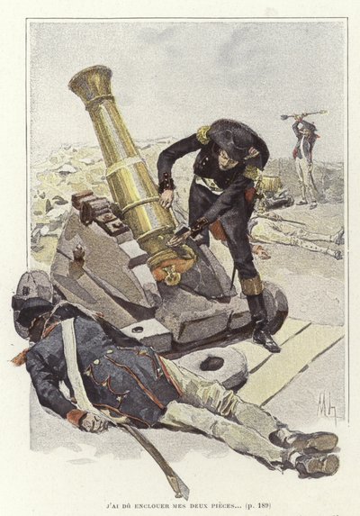兵士は死んだ兵士の体の横にある大砲を検査します 作： Felicien baron de Myrbach Rheinfeld