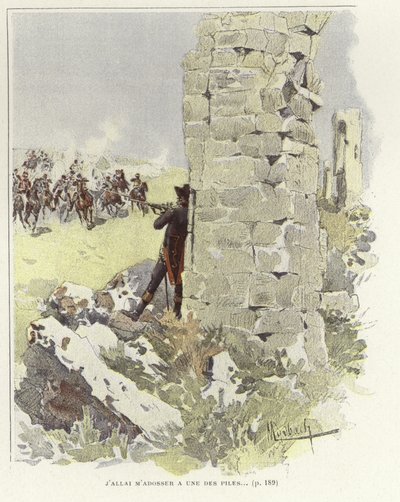 近づく攻撃を狙う兵士が廃墟の壁に寄りかかる 作： Felicien baron de Myrbach Rheinfeld