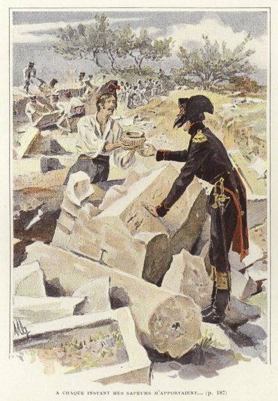 ニコポリスの廃墟の中で別の兵士にポットを渡す兵士 作： Felicien baron de Myrbach Rheinfeld