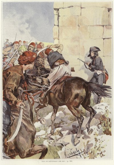 兵士は彼が攻撃を受けたときに彼のライフルを目指しています 作： Felicien baron de Myrbach Rheinfeld