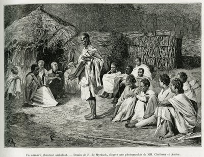 歩く歌い手、アスマリ。アンリ・オードンが1884年から1888年に行った「Voyage au Choa（Abyssinie meridionale）」という物語を説明するために、F.De Myrbachが写真をもとに描いたもので、Edouard Charton（1807-1890）が監督した「le tour du monde 1889」に収録されています（Hachette, Paris）。 作： Felicien baron de Myrbach Rheinfeld