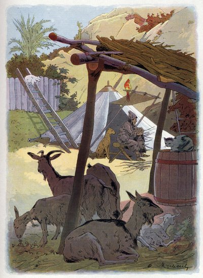 ロビンソン・クルーソーは動物たちと一緒に家にいる。 作： Felicien baron de Myrbach Rheinfeld