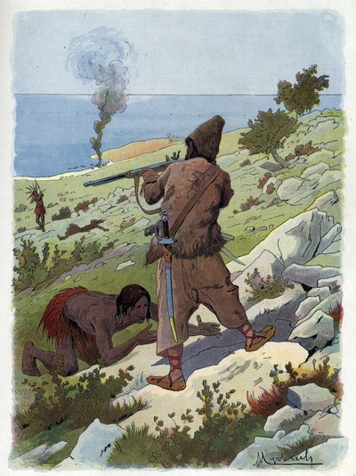 ロビンソン・クルーソーは、フライデーを追いかけてきた野蛮人を殺す。 作： Felicien baron de Myrbach Rheinfeld