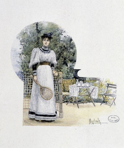 テニスコートの若い女性 - エッチング 19世紀後半 作： Felicien baron de Myrbach Rheinfeld
