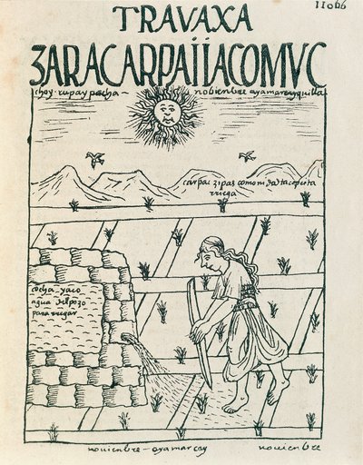11月に畑の灌漑をする農民（水墨画 作： Felipe Huaman Poma de Ayala