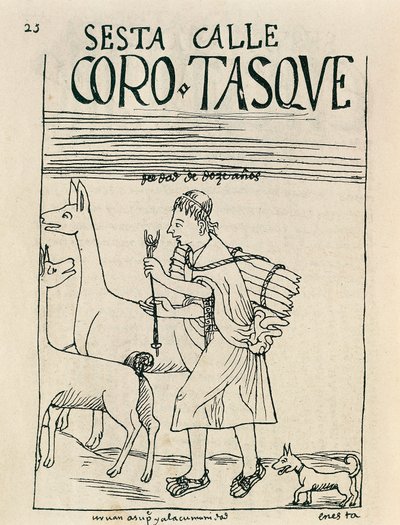 ラマを飼い、木を集めている青年（インク画 作： Felipe Huaman Poma de Ayala