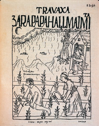 1月に畑仕事をするインカ・ハトゥン・ルナの夫婦（インク画 作： Felipe Huaman Poma de Ayala