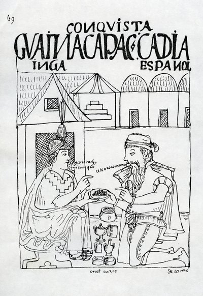 インカ人がスペイン人に何を食べるかを尋ね、彼は「ゴールド」（木版）と返信します。 作： Felipe Huaman Poma de Ayala