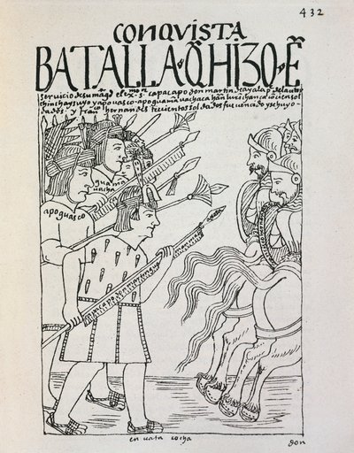クスコの戦い。1536年頃、インカのマンコ・カパックがコンキスタドールに占領された町を包囲したときの様子（彫刻）。 作： Felipe Huaman Poma de Ayala