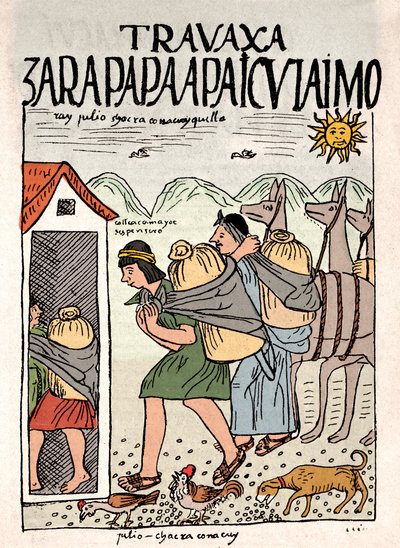 インカ帝国：7月に畑で働くインカの農民たち-ドン・フェリペ・プマ・デ・アヤラのインカの生活を描いた写本「Nueva coronica y buen gobierno」のインク画（1587年頃）Lima, Museo Nacional de Antropologia, Arqueologia e Historia d 作： Felipe Huaman Poma de Ayala