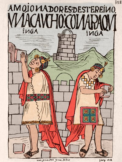インカ帝国：屋根裏や公共・宗教施設を建設するインカ人 - インカ人の生活を描いたドン・フェリペ・プーマ・デ・アヤラの写本「Nueva coronica y buen gobierno」のインク画（1587年頃 リマ、国立人類学博物館、Arqueo 作： Felipe Huaman Poma de Ayala